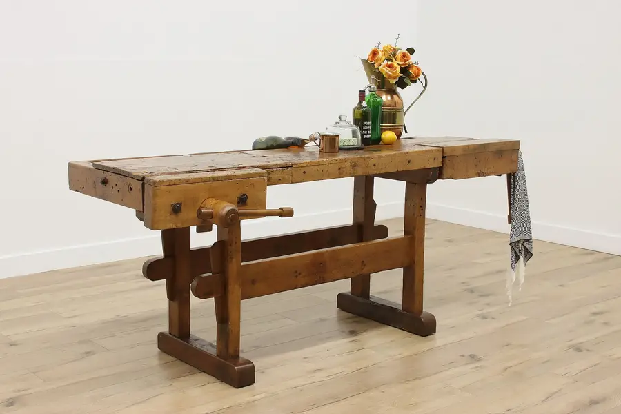 Photo of Farmhouse Antique Carpenter Workbench Kitchen Island, Wine