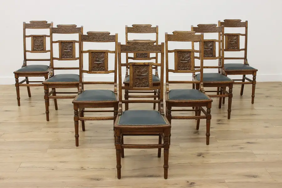 Photo of Set 8 Eastlake Victorian Antique Oak & Leather Dining Chairs