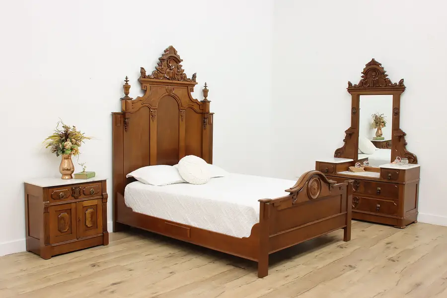 Photo of Victorian Antique Carved Walnut 3 Pc Bedroom Set, Queen Bed