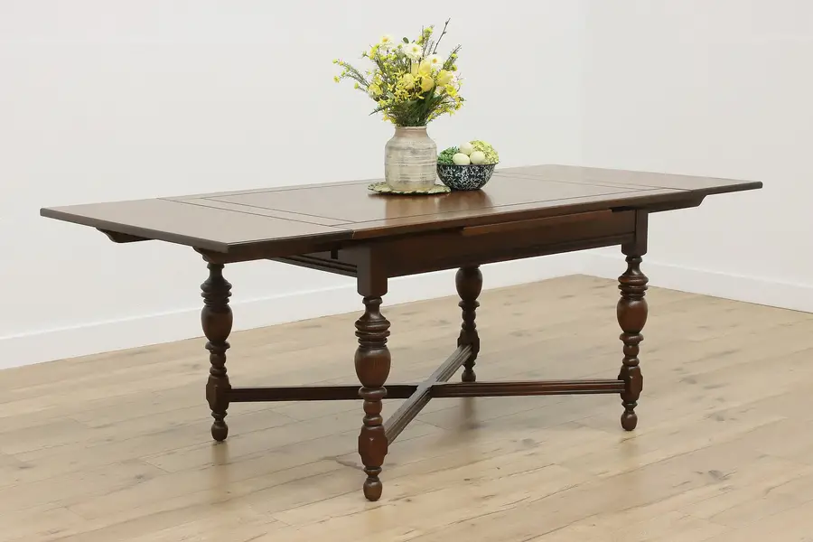 Photo of English Tudor Vintage Oak Dining or Library Table, 2 Leaves