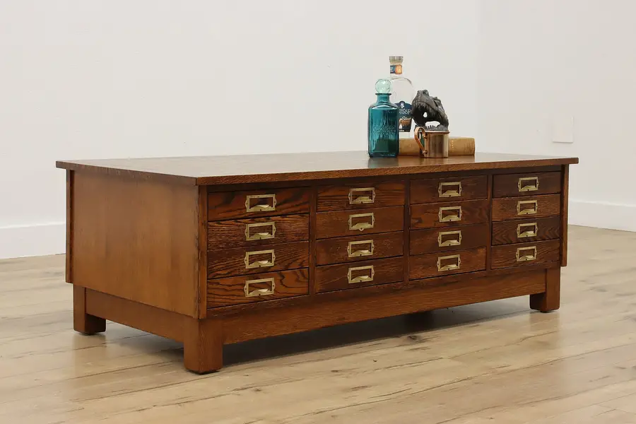 Photo of Oak Antique 16 Drawer File Collector Cabinet Coffee Table