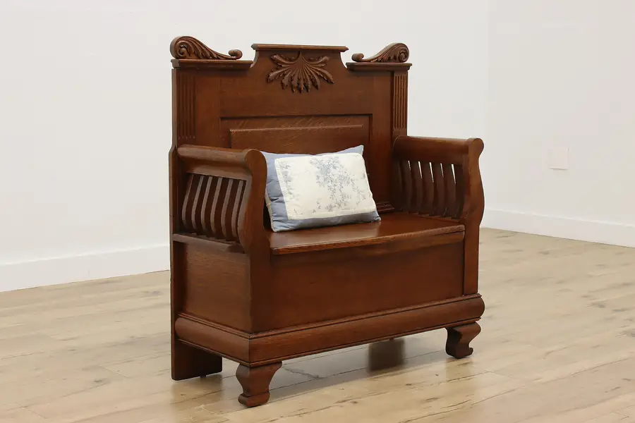 Photo of Victorian Antique Carved Oak Lift Lid Hall or Porch Bench