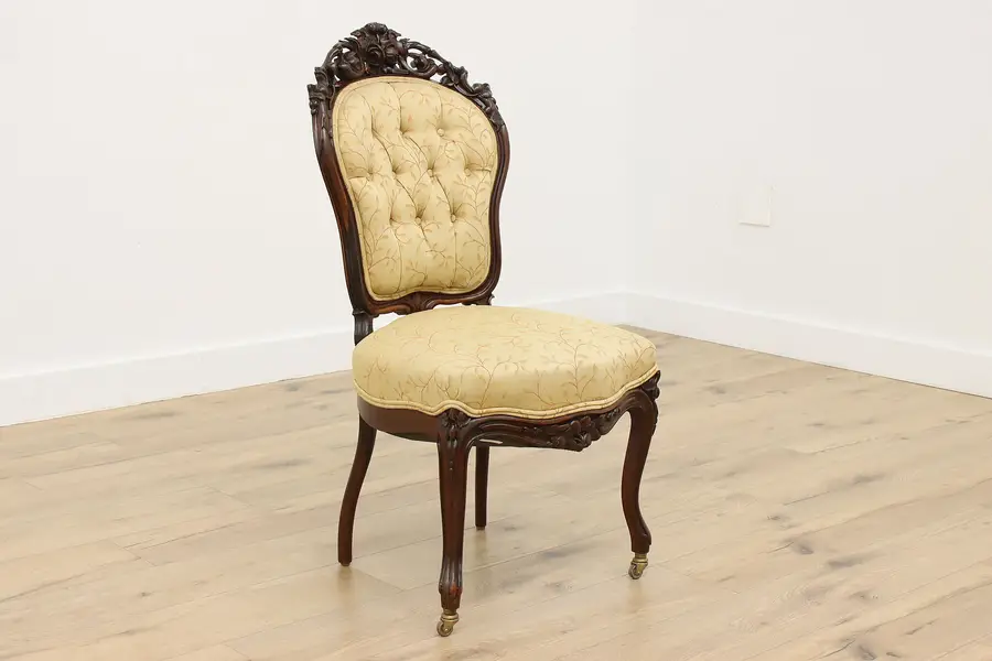 Photo of Victorian Antique Carved Rosewood Upholstered Chair Flowers