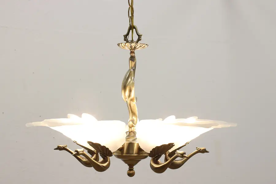 Photo of Art Deco Vintage Frosted Glass Shade Peacock Chandelier