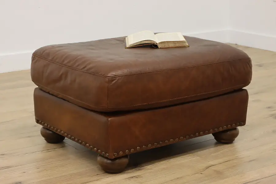 Photo of Traditional Vintage Brown Leather Ottoman or Boudoir Bench