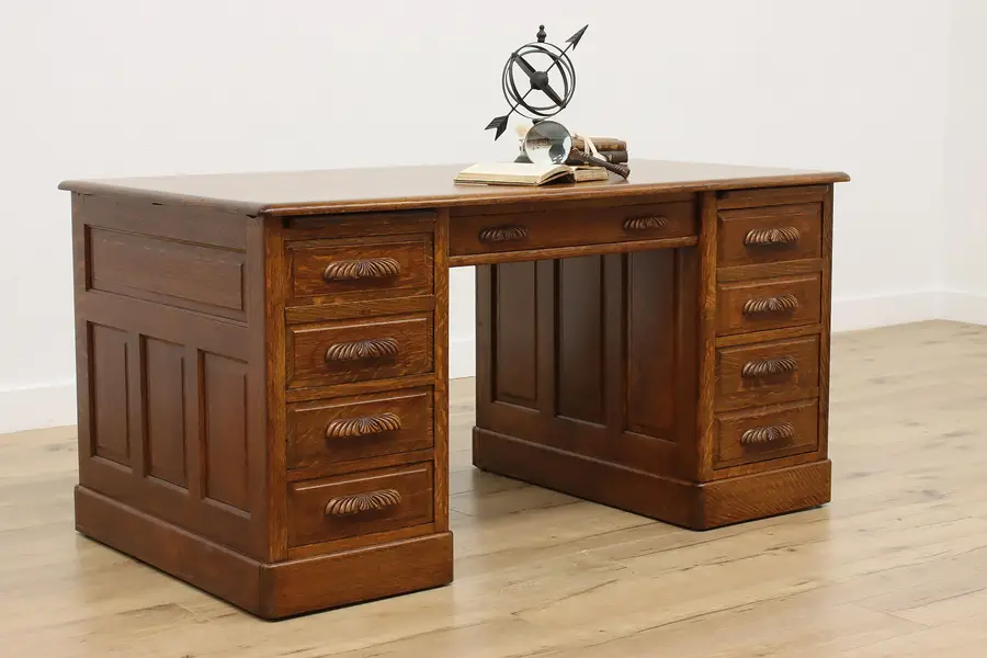 Photo of Victorian Antique Carved Oak Office or Library Writing Desk