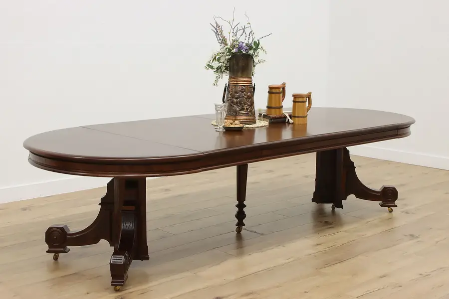 Photo of Victorian Eastlake Antique Walnut Dining Table, 4 Leaves