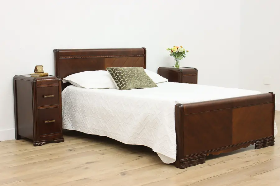 Photo of Art Deco Vintage Carve Walnut & Mahogany Full Size Bed