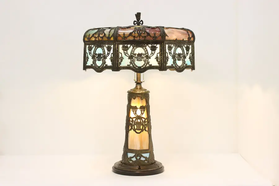 Photo of Victorian Antique Stained Glass Desk Lamp, Cherubs