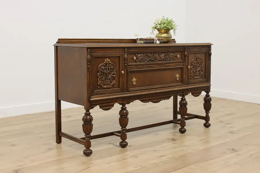 Photo of Tudor Design Antique Carved Oak Sideboard Server, Showers