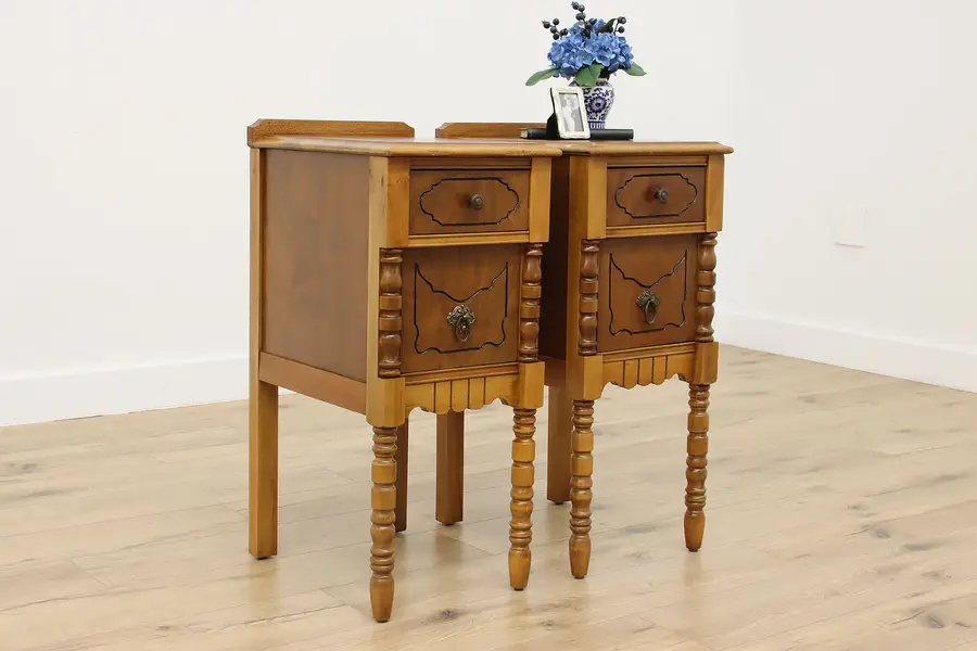 Photo of Pair of Tudor Vintage Carved Walnut Nightstands Side Tables