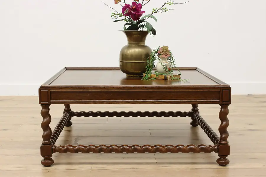Photo of Tudor Vintage Carved Oak Coffee Table Barley Twist Legs