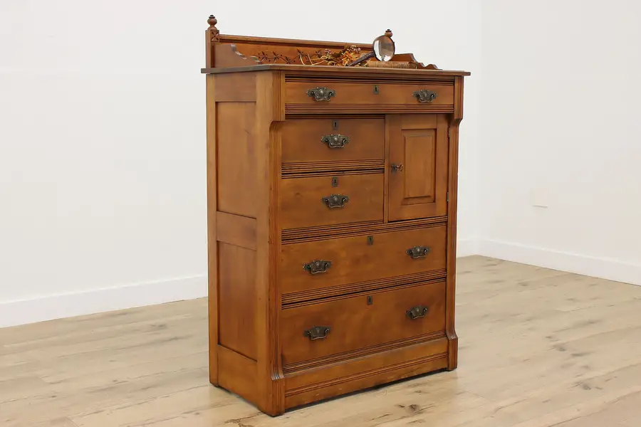 Photo of Victorian Antique Carved Birch Dresser or Chest, Flowers