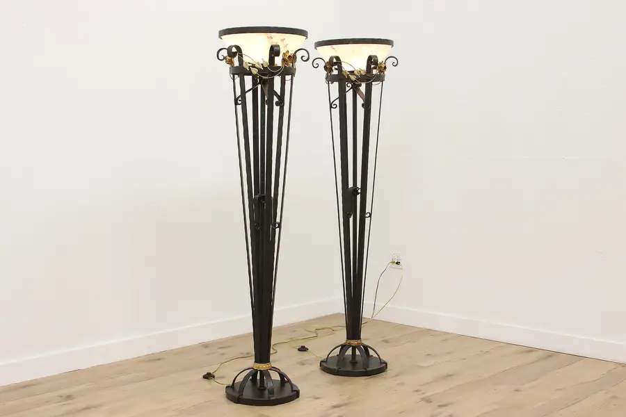 Photo of Pair Classical Vintage Wrought Iron & Faux Onyx Floor Lamps