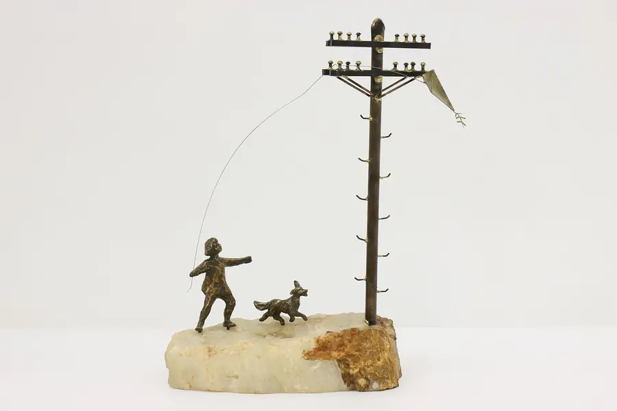 Photo of Bronze Boy with Kite Sculpture on Quartz Base, Jere