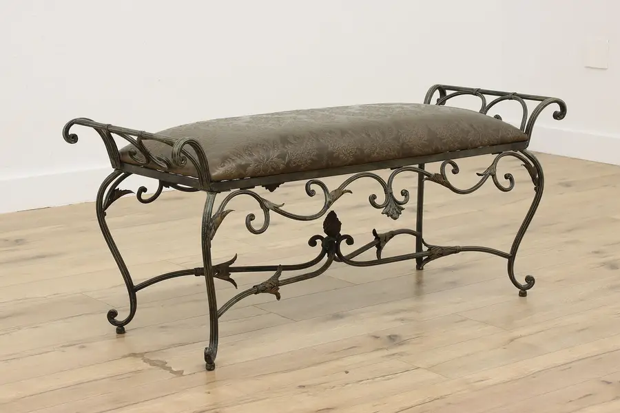 Photo of French Vintage Patinated Steel Hall Bench, Embossed Leather