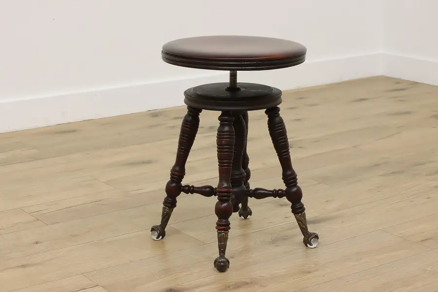 Photo of Holtzman Antique Birch Piano Organ Stool w/ Glass Ball Feet
