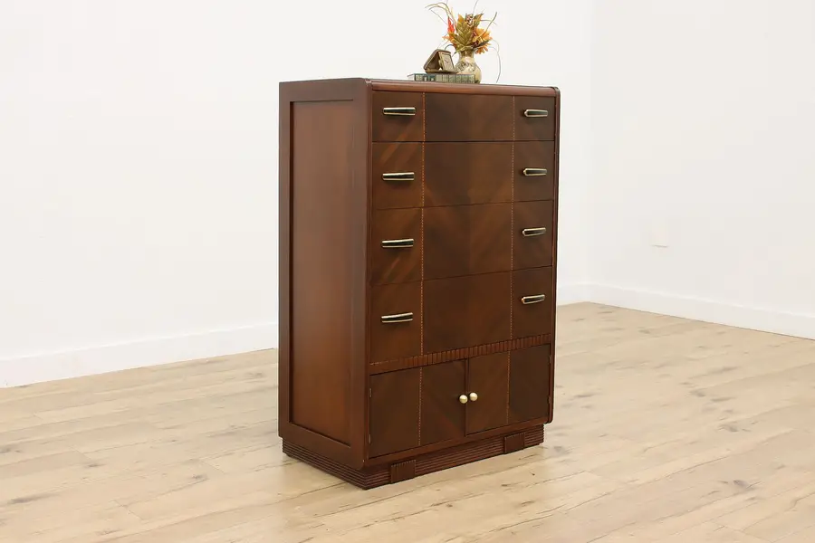 Photo of Art Deco Vintage Walnut Tall Chest or Dresser w/ Inlay