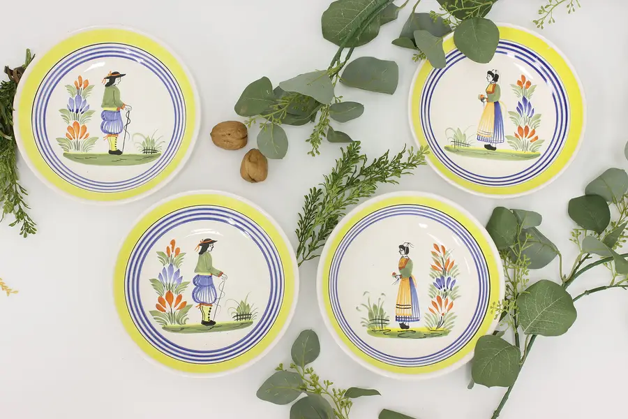 Photo of Set 4 French Quimper Vintage Hand Painted Soup Salad Bowls