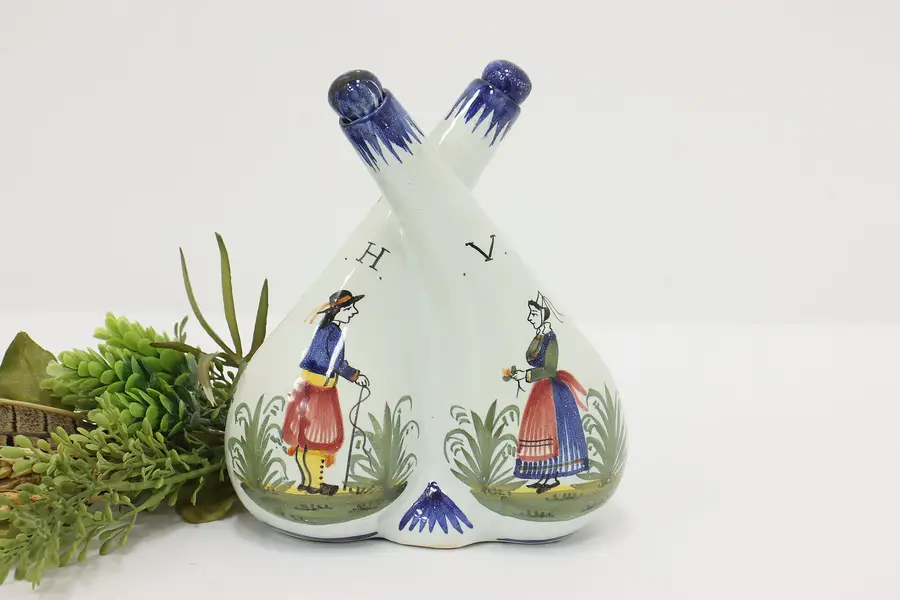Photo of Quimper Vintage Hand Painted Double Oil Vinegar Cruet Bottle
