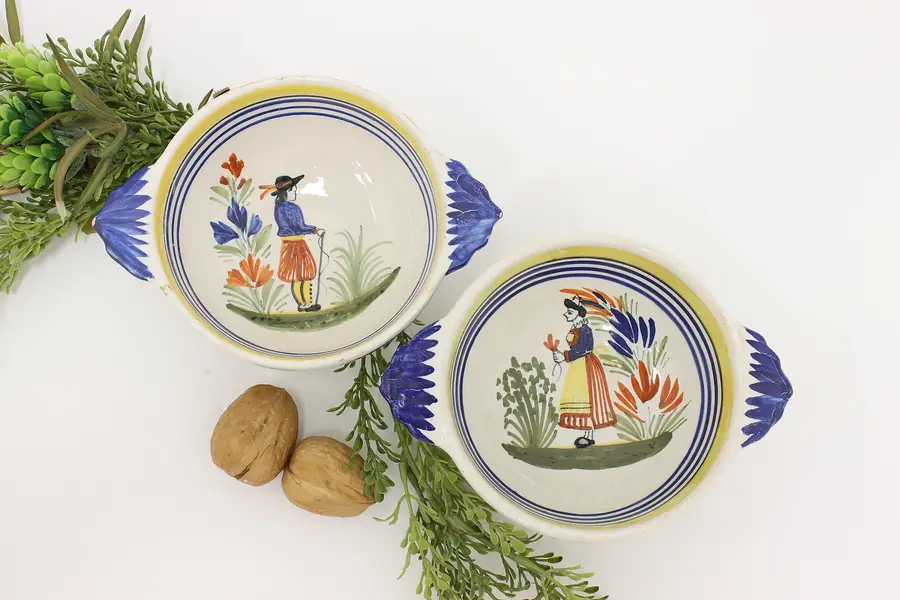 Photo of Pair of French Vintage Hand Painted Porringer Bowls, Quimper