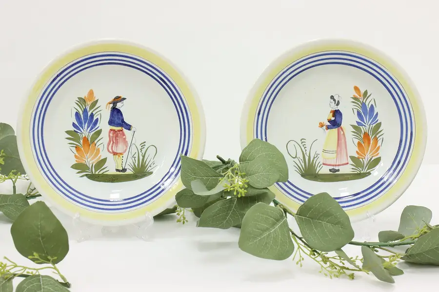 Photo of Pair of Vintage French Quimper Hand Painted Dinner Plates