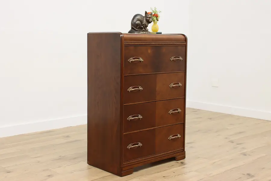 Photo of Art Deco Waterfall Vintage Walnut Chest or Dresser, Bakelite
