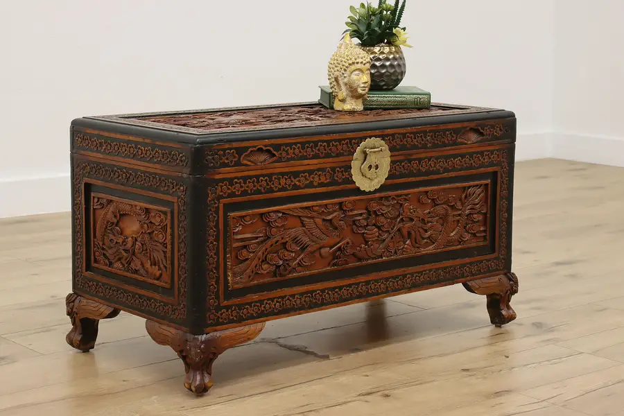 Photo of Chinese Carved Dragons & Peacocks Blanket Chest or Trunk