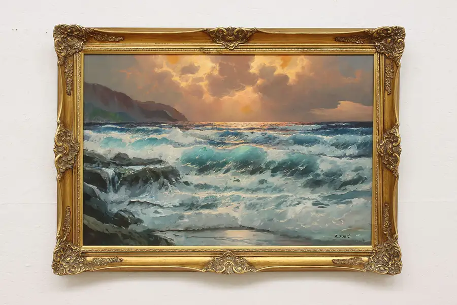 Photo of Sunset over Ocean Waves Vintage Oil Painting Yukic 42"