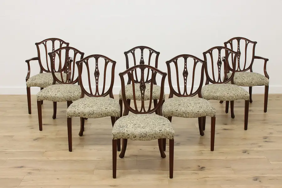 Photo of Set of 8 Vintage Georgian Mahogany Dining Chairs New Fabric