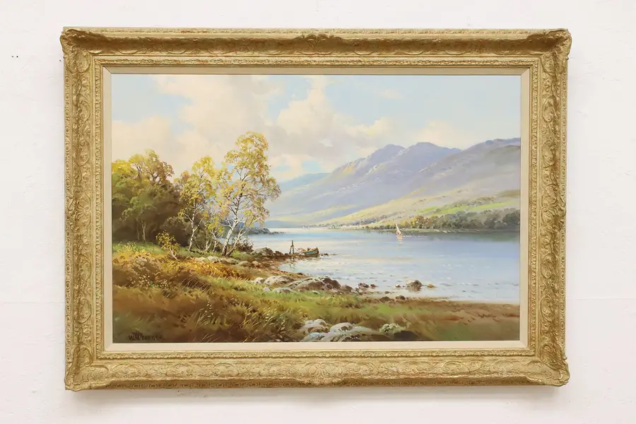 Photo of Mountain River Antique Original Oil Painting, Signed 43.5"