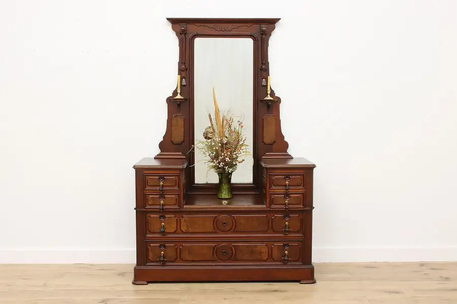 Photo of Victorian Carved Walnut Antique Chest or Dresser w/ Mirror