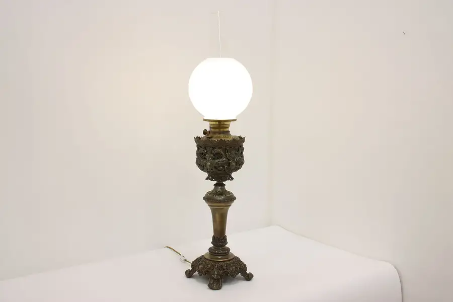 Photo of Victorian Antique Brass Table Lamp, Blue Shade, Dragons