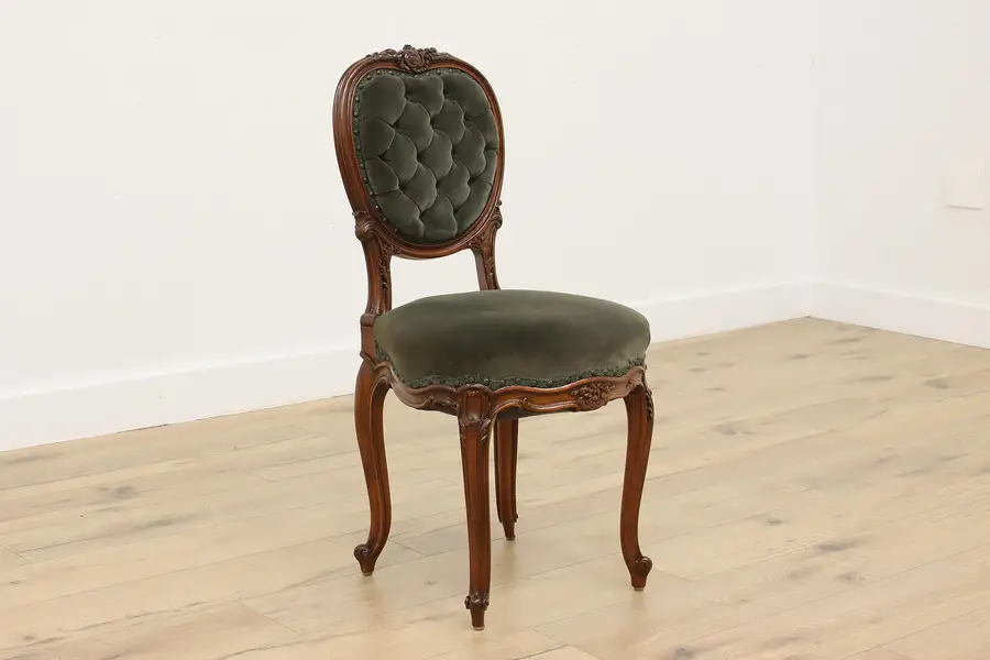 Photo of French Antique Carved Walnut & Tufted Velvet Side Chair