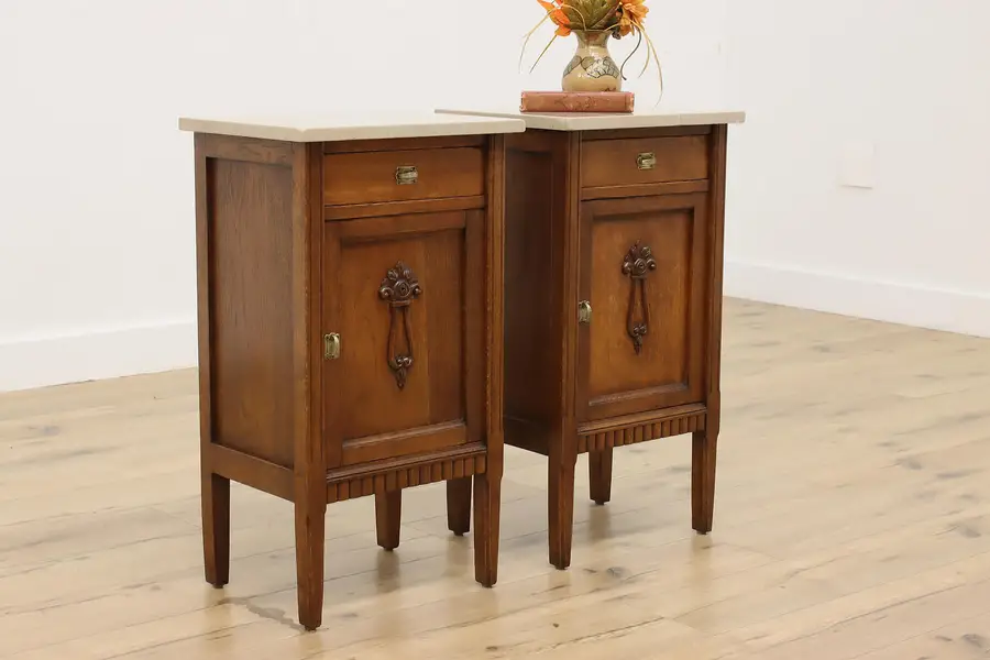 Photo of Pair of French Antique Carved Oak & Marble Top Nightstands