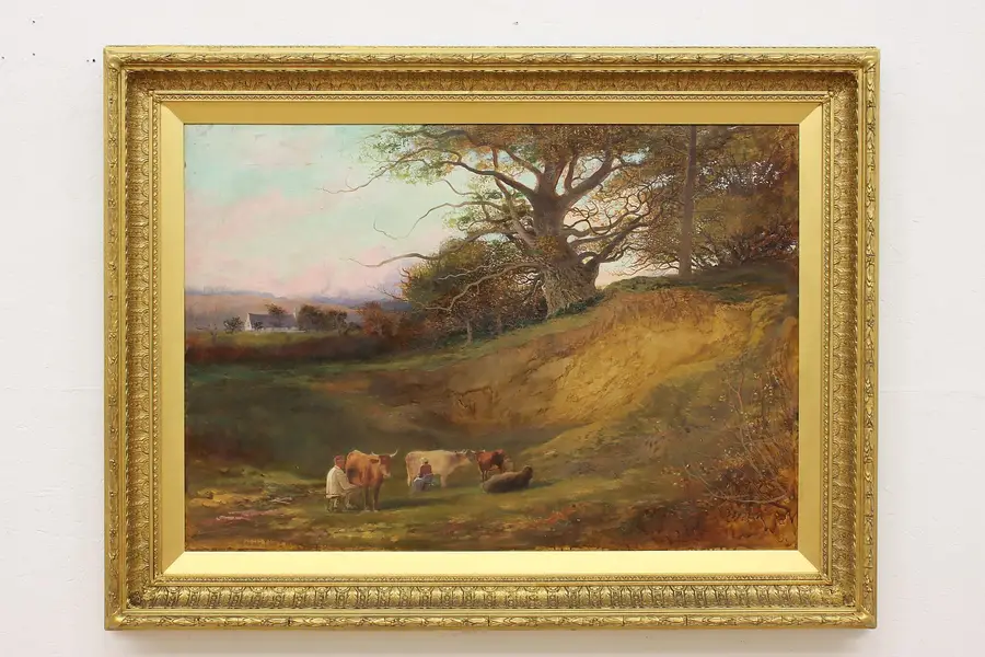 Photo of Farmers Milking Cows Antique Original Oil Painting 49.5"