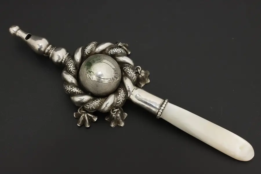 Photo of Victorian Antique Sterling Silver & Pearl Handle Baby Rattle