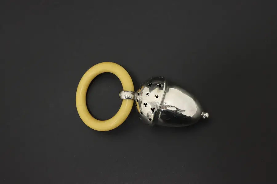 Photo of Sterling Silver Antique Acorn Baby Rattle & Bakelite Ring