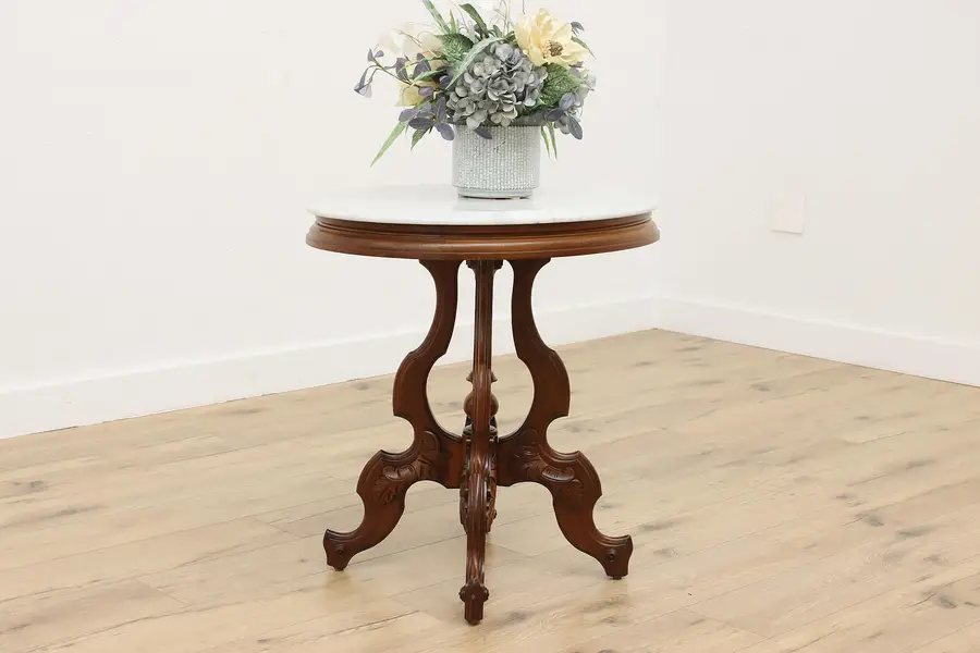 Photo of Victorian Antique Carved Walnut End or Side Table, Marble