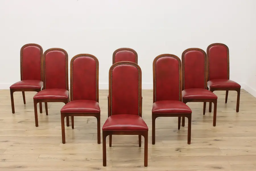 Photo of Set of 8 Vintage Birch & Leather Dining Game Chairs Century