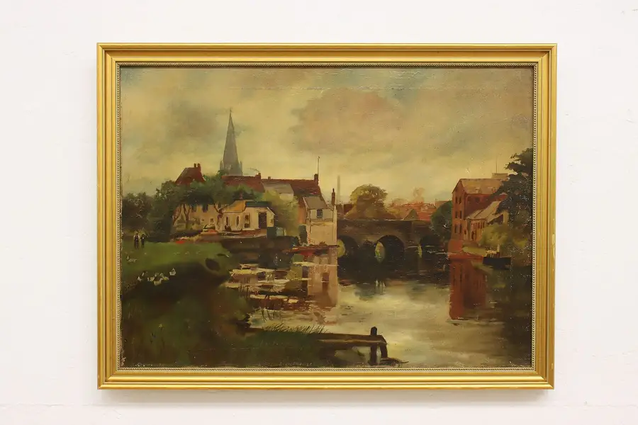 Photo of European Village Antique Original Oil Painting Signed 33"