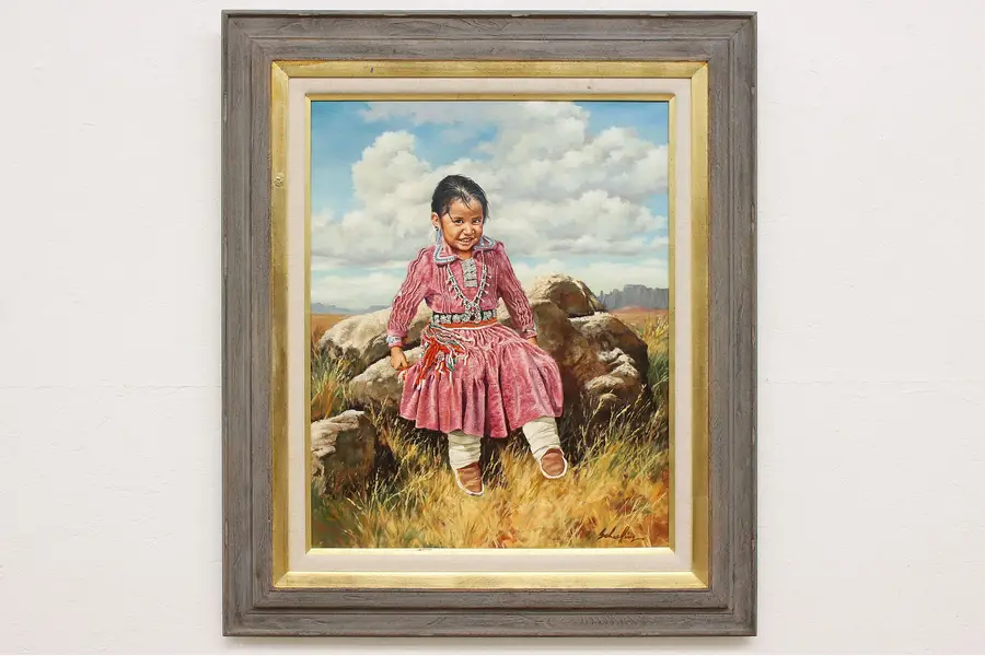 Photo of Native Girl Vintage Original Oil Painting Schaeffing 41.5"