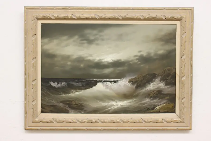 Photo of Stormy Ocean Waves Vintage Original Painting Dzigurski 44.5"