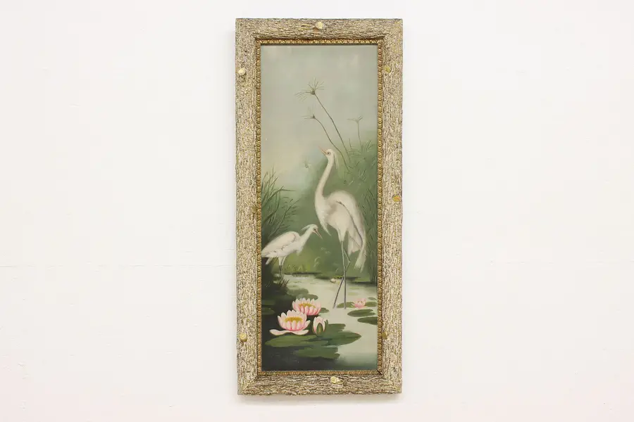 Photo of Pair of Great Egret Birds Antique Original Oil Painting 41"