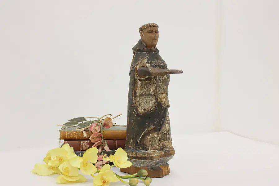 Photo of Spanish Colonial Antique Carved Pine Monk Santos Sculpture