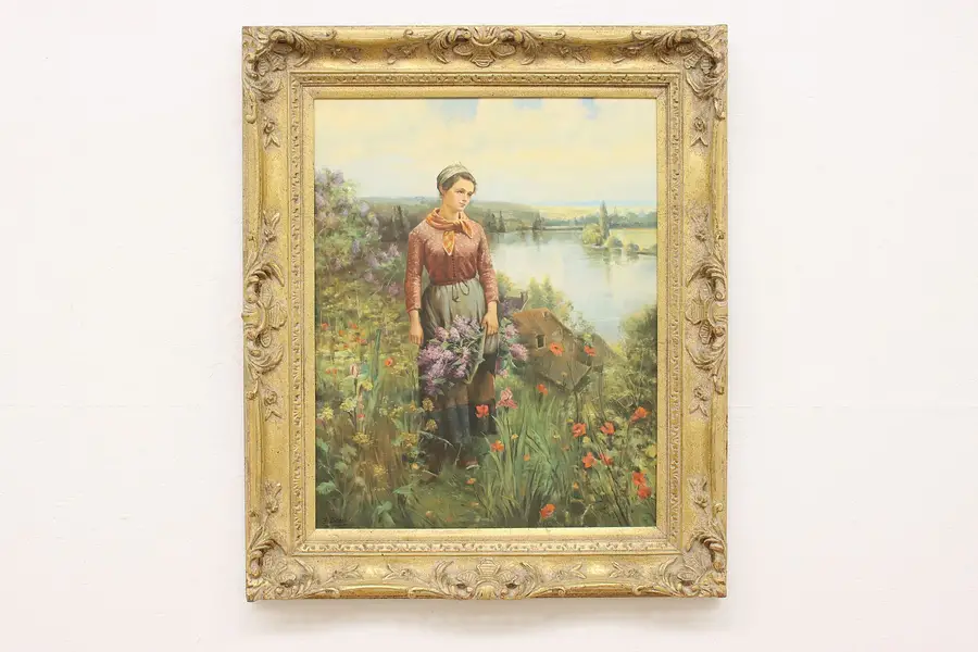 Photo of Woman in Flower Field Vintage Original Painting, Bons 39.5"