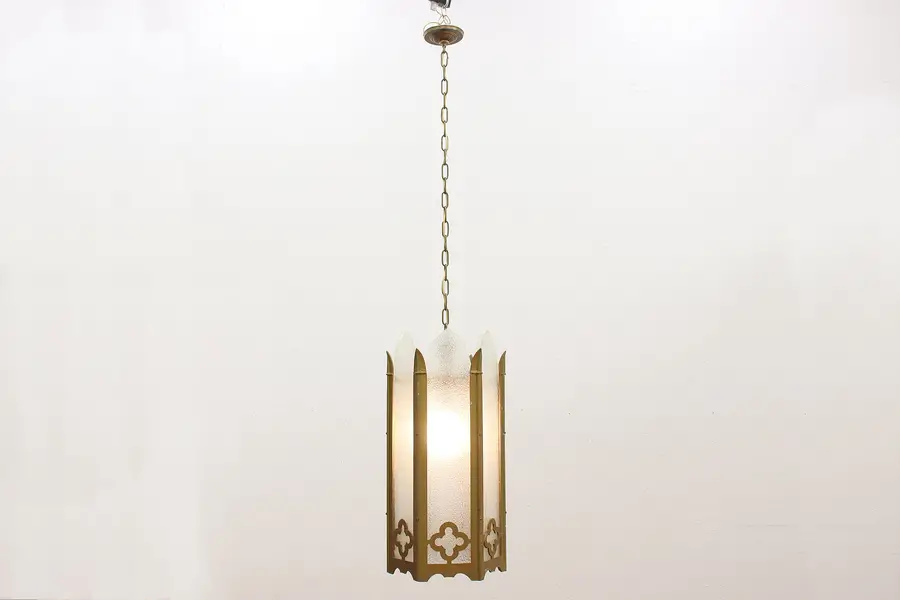 Photo of Gothic Antique Church Salvage Texted Glass Light Fixture