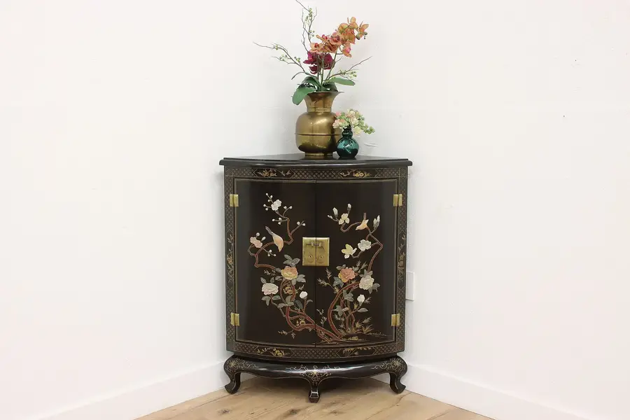 Photo of Chinese Vintage Jade & Lacquer Corner Cabinet Bar Console