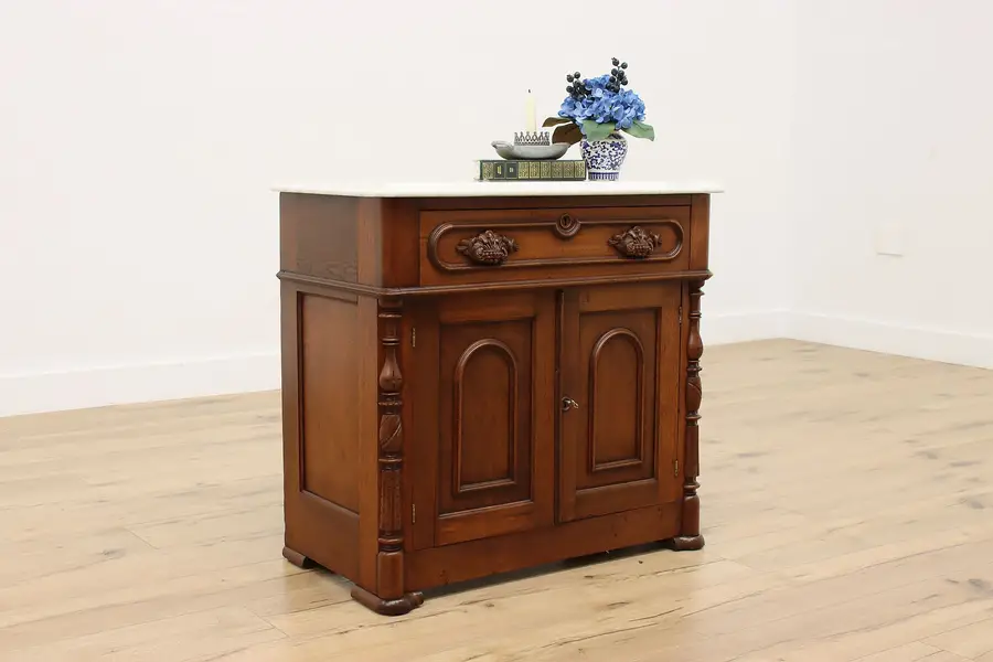 Photo of Victorian Antique Walnut Washstand Nightstand Marble