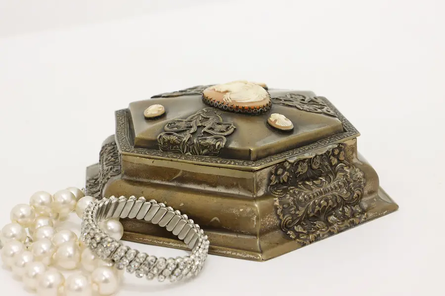 Photo of Nickel & Brass Antique Jewelry Box Cameos Tausca